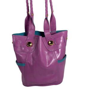 B Makowsky Purple Patent Leather Teal Suede Trim Tote Handbag Weekender Bag